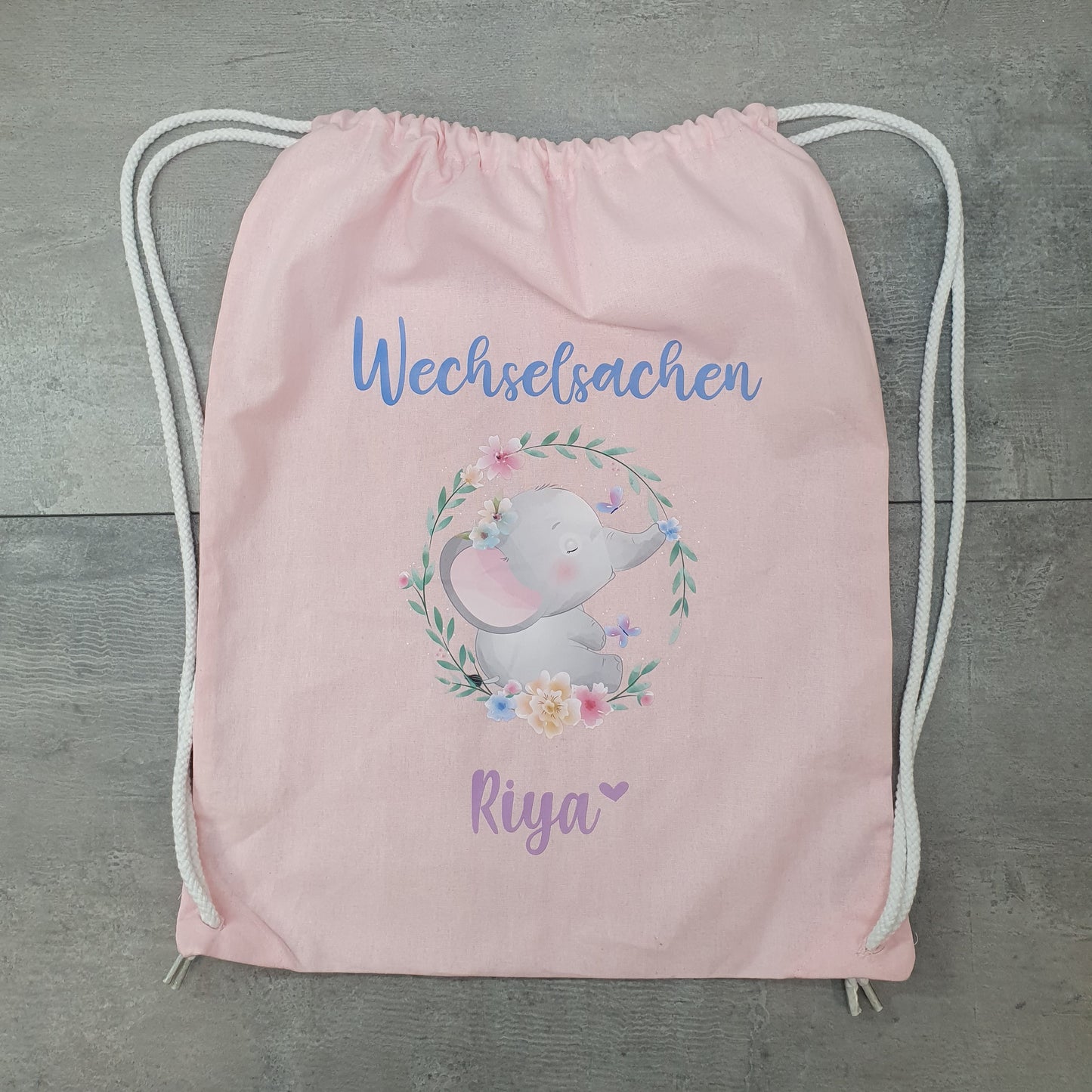 Beutel personalisiert mit Name und Elefant, Wechselsachen, Wechselklamotten, Wechselwäsche Turnbeutel Tasche, Rucksack, rosa, natur, grau