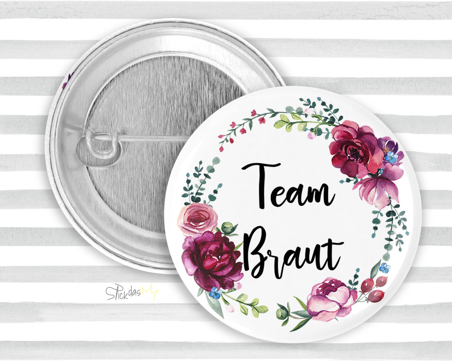 1x Button - Braut oder Team Braut - bunte Blumen